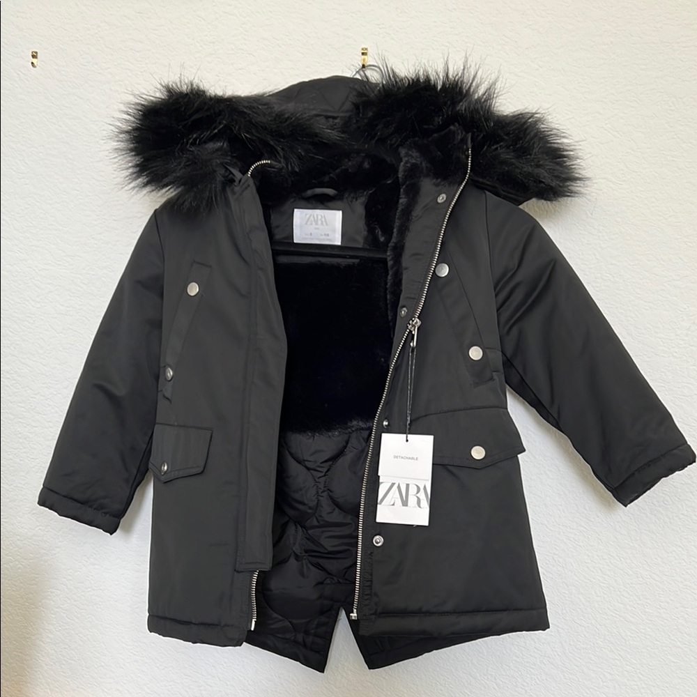 Zara Black Hooded Coat with Fur Trim